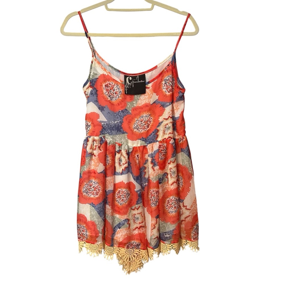 Floral Spaghetti Strap Romper by Chandelier with Fringe Orange Multi Size M/L